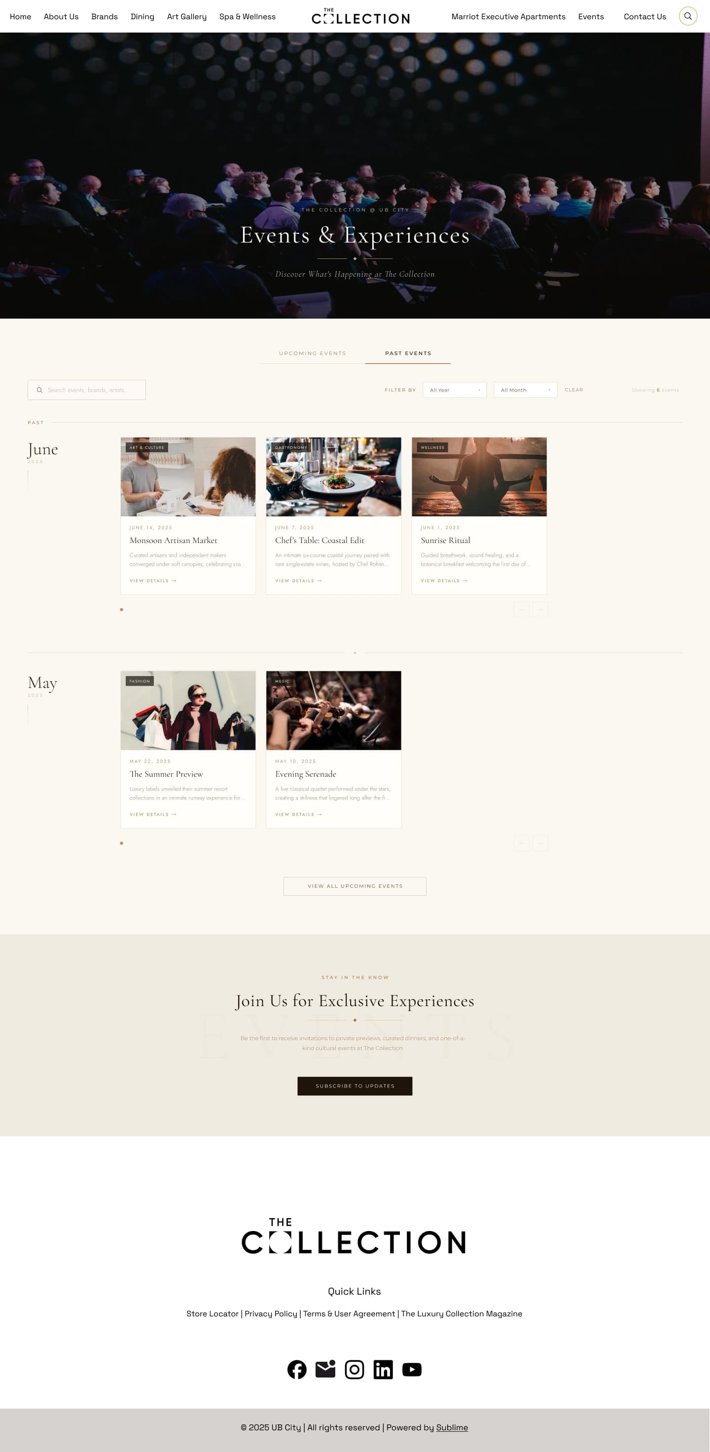 Events page, desktop, past tab: events grouped by month with rows of cards
