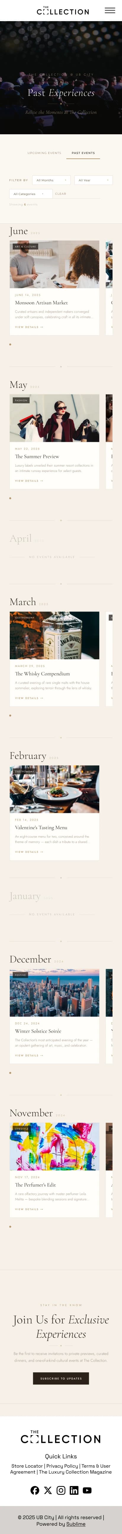 Events page, mobile, past tab: month sections with sideways-scrolling rows of event cards