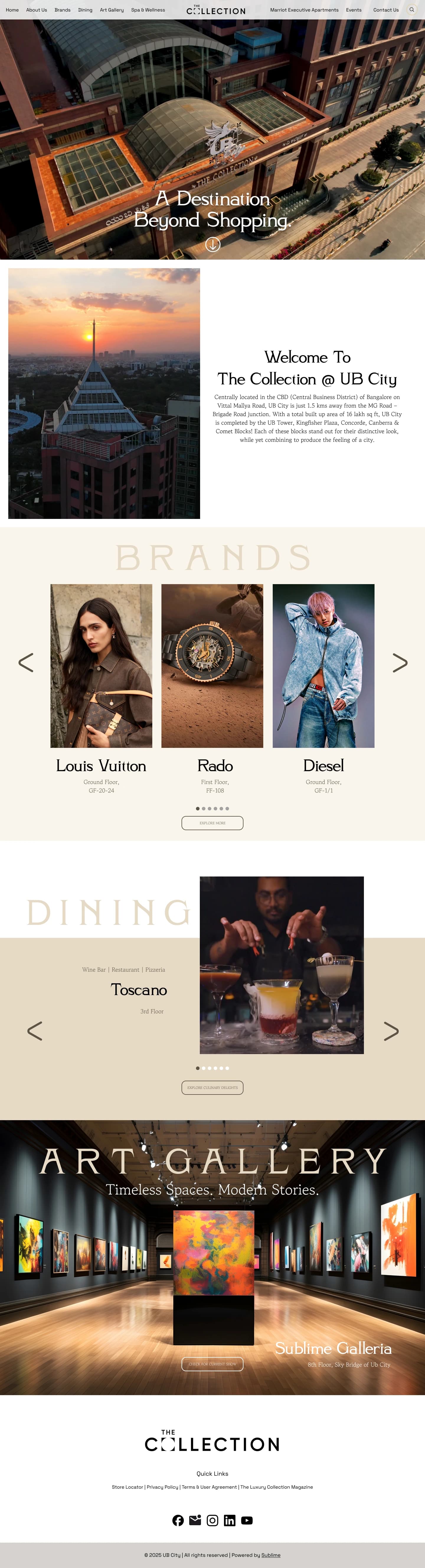 Home page, desktop: an aerial hero reading A Destination Beyond Shopping, a welcome block, a brands carousel, a dining feature and an art gallery banner