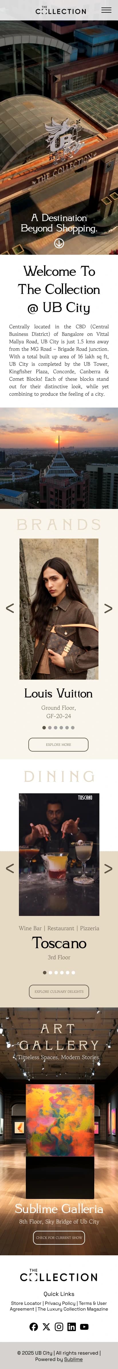 Home page, mobile: a full-height hero, a stacked welcome section, single-card brands and dining carousels, and the art gallery banner