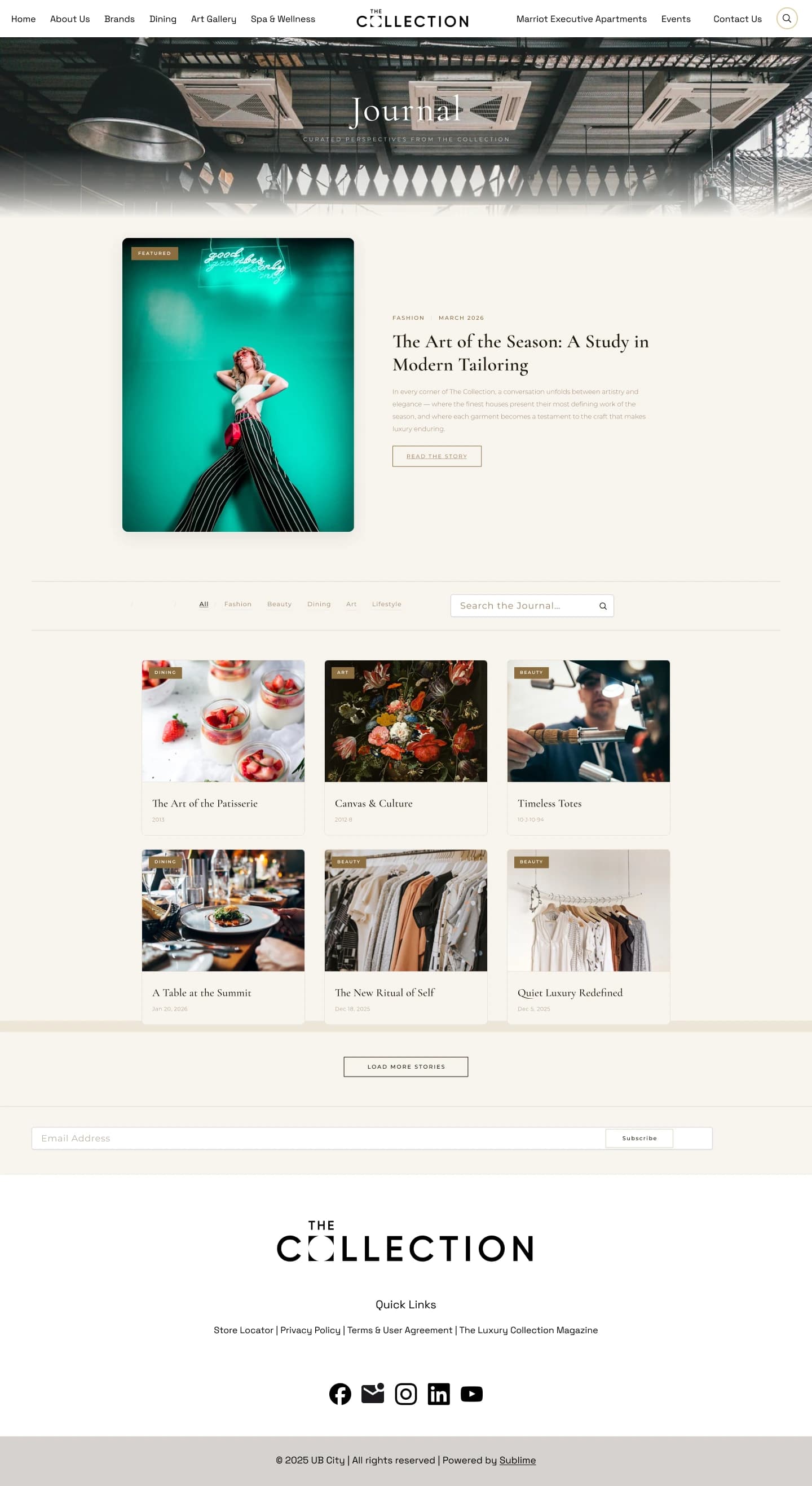 Journal page, desktop: a featured story, category filters with search, a grid of article cards and a subscribe field