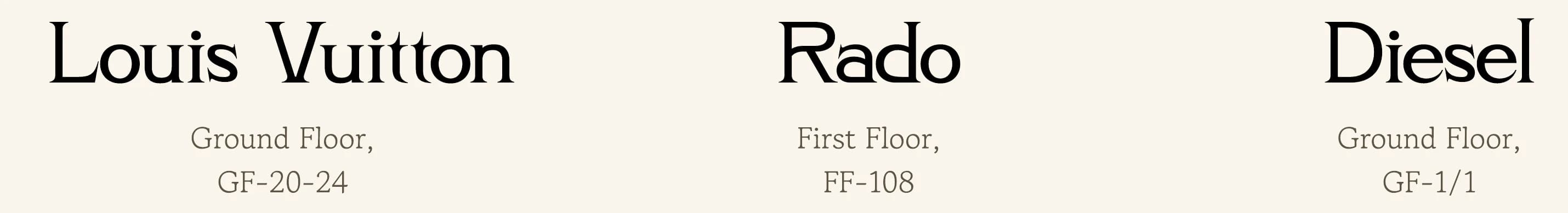Brand names Louis Vuitton, Rado and Diesel in the display serif, with floor and unit beneath in a light serif