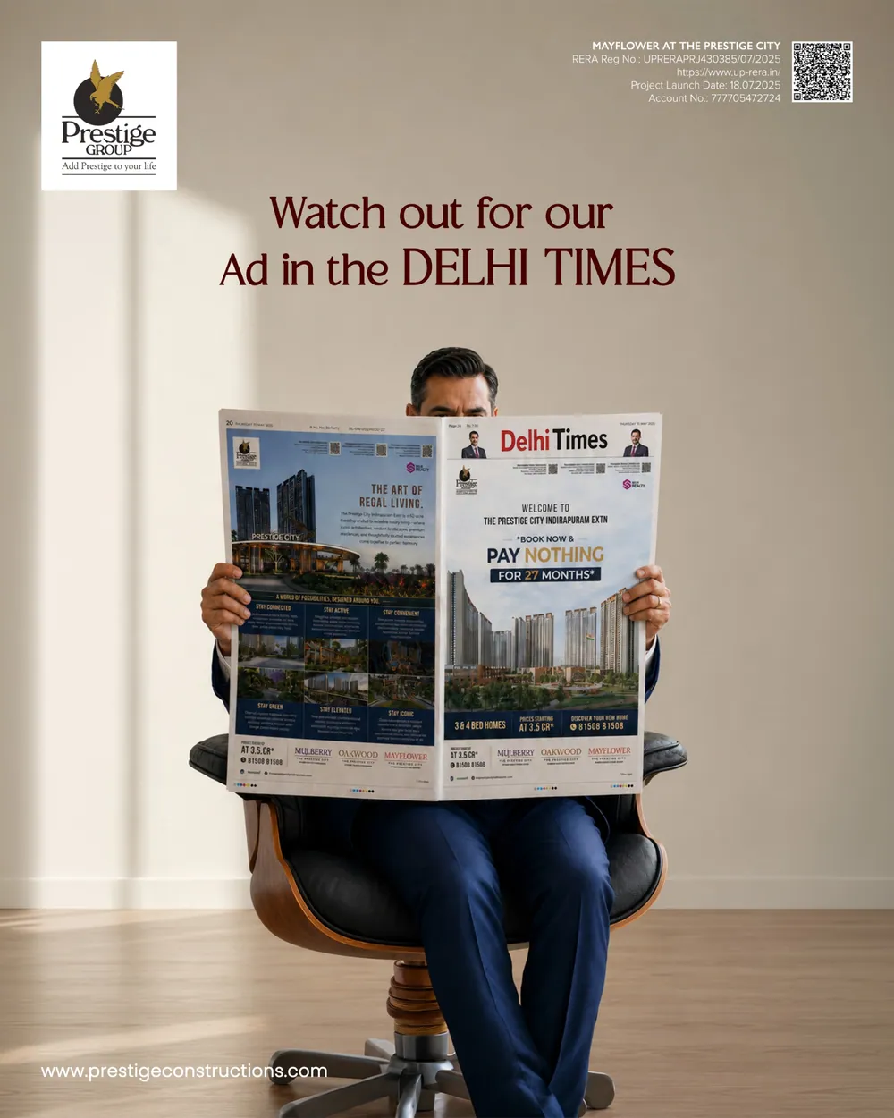«Watch out for our ad in the Delhi Times» (ترقّبوا إعلاننا في Delhi Times) — رجل يقرأ صحيفة Delhi Times وفيها إعلان The Prestige City