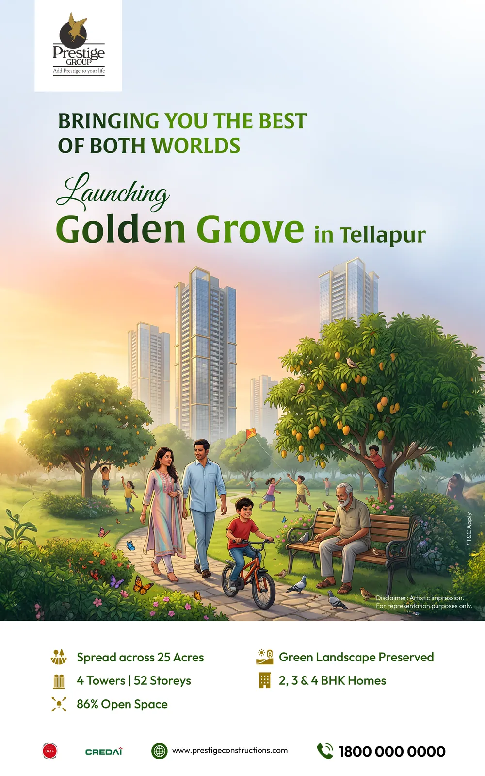 رسالة بريد إلكتروني تسويقية: «Launching Golden Grove in Tellapur» (إطلاق Golden Grove في تيلابور) — ثلاثة أجيال في حديقة خضراء
