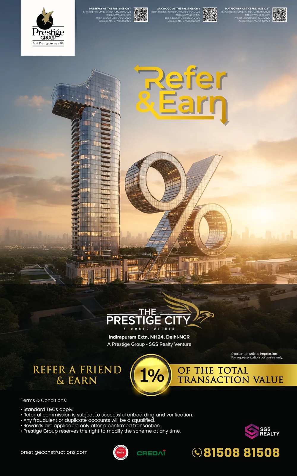 رسالة بريد إلكتروني تسويقية: «Refer and earn» (أحِل واربح) — برج على شكل 1% عند الغروب، The Prestige City