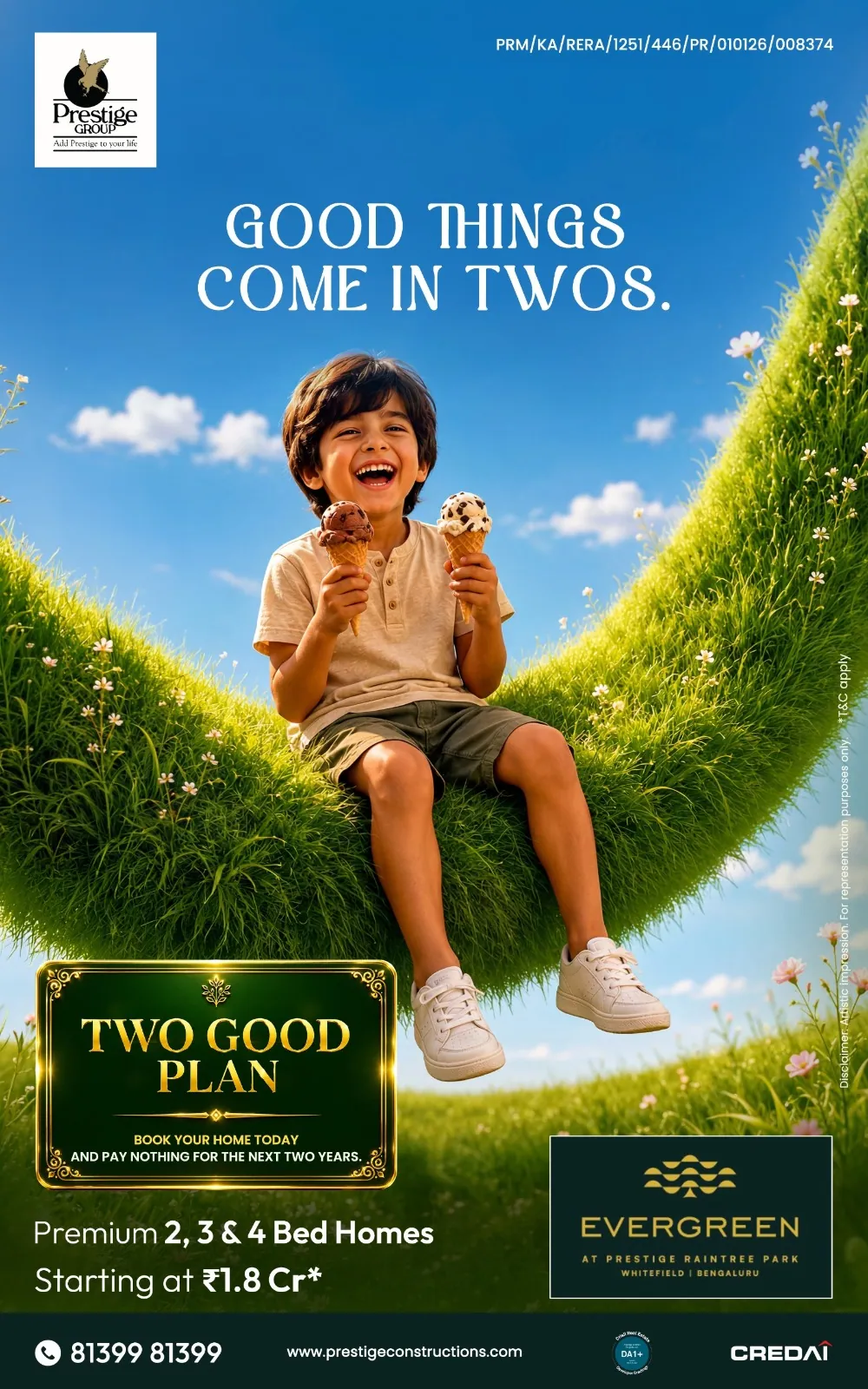 «Good things come in twos» (الأشياء الجميلة تأتي اثنين اثنين) — صبي يتناول المثلّجات على مرج متموّج، Two Good Plan، Evergreen