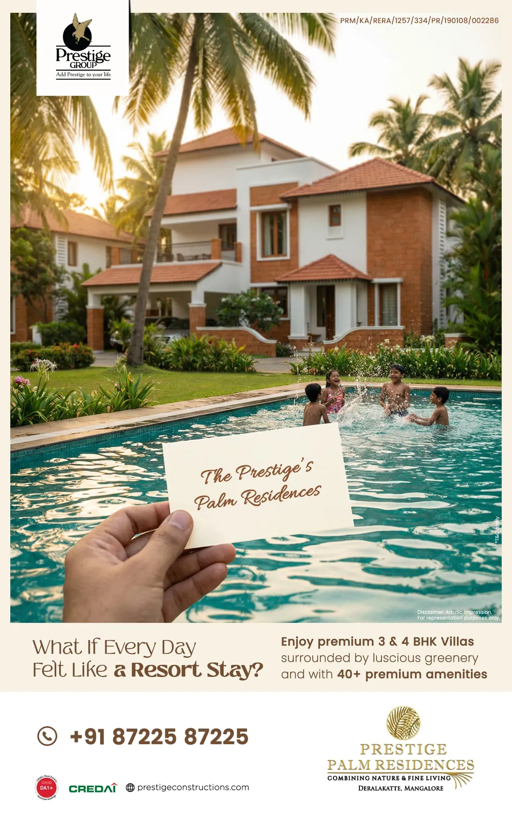 «What if every day felt like a resort stay?» (ماذا لو كان كل يوم كإقامة في منتجع؟) — بطاقة مرفوعة فوق مسبح فيلا، Prestige Palm Residences